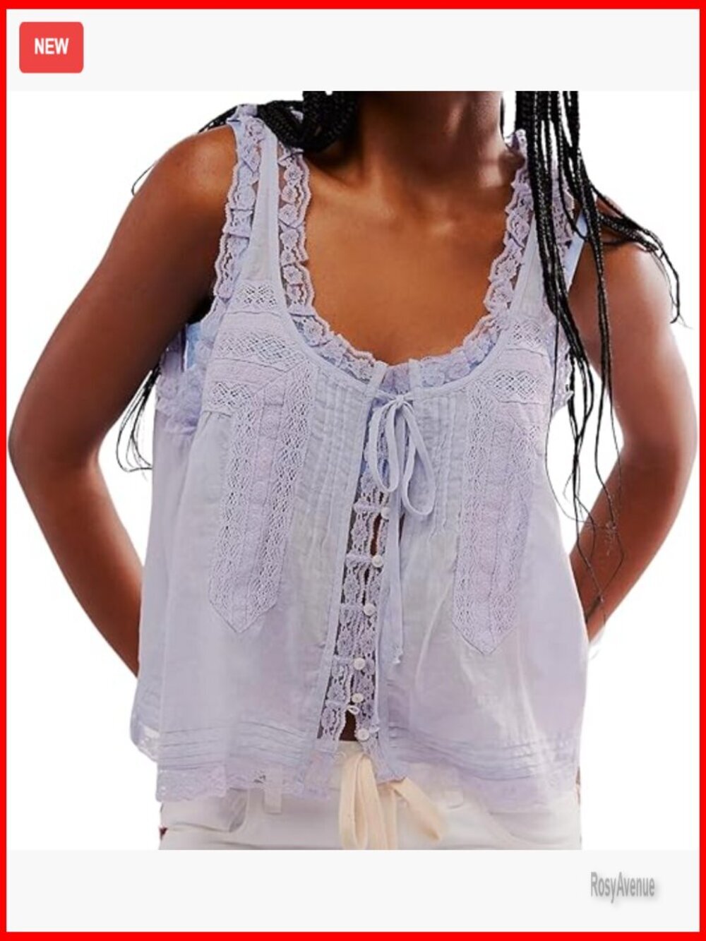 Boho Crop Tank Top Sleeveless Tie Front Lace Trim Scoop Neck Flowy Summer Top